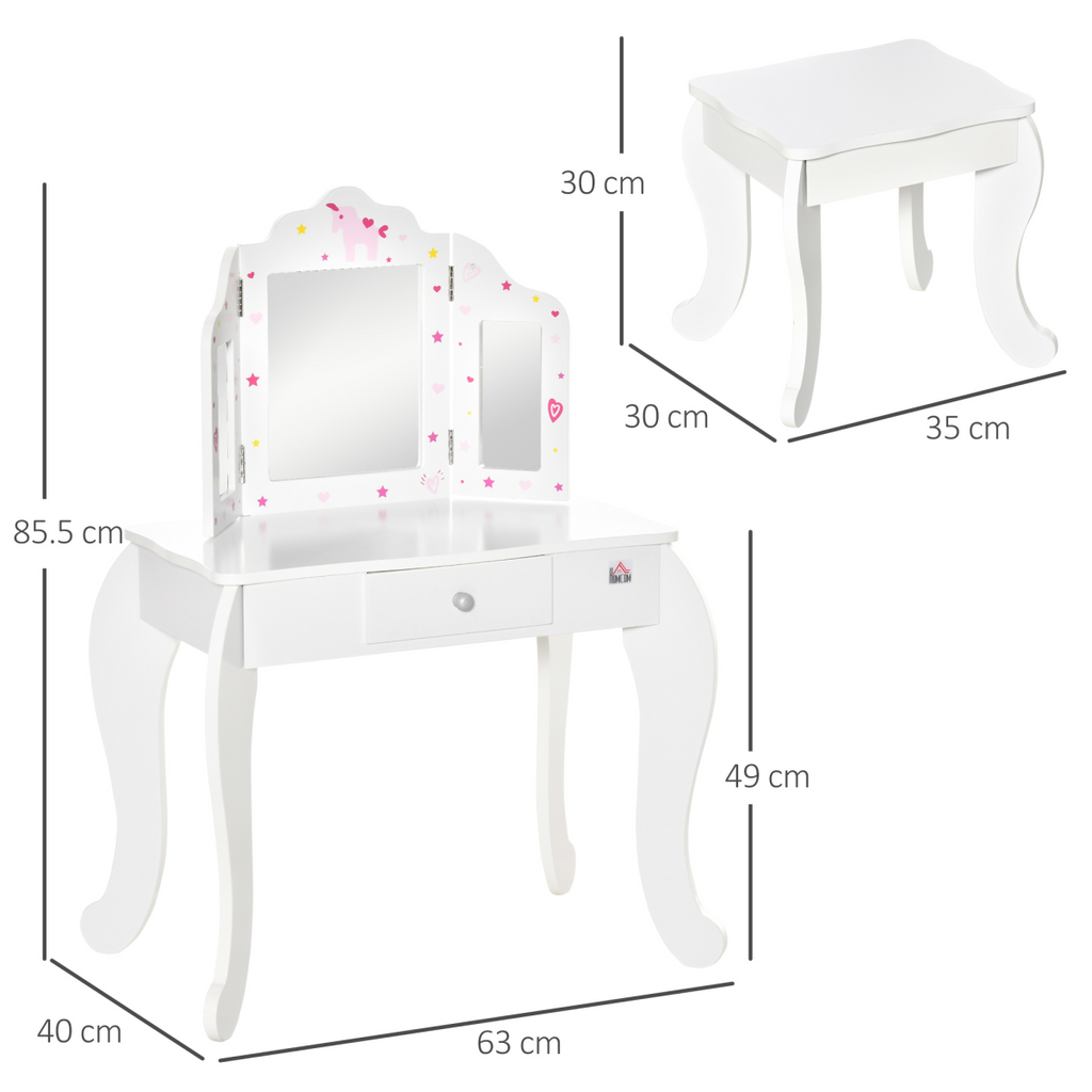 Kids Vanity Table & Stool Girls Dressing Set w/ Rotatable Mirror Drawer HOMCOM
