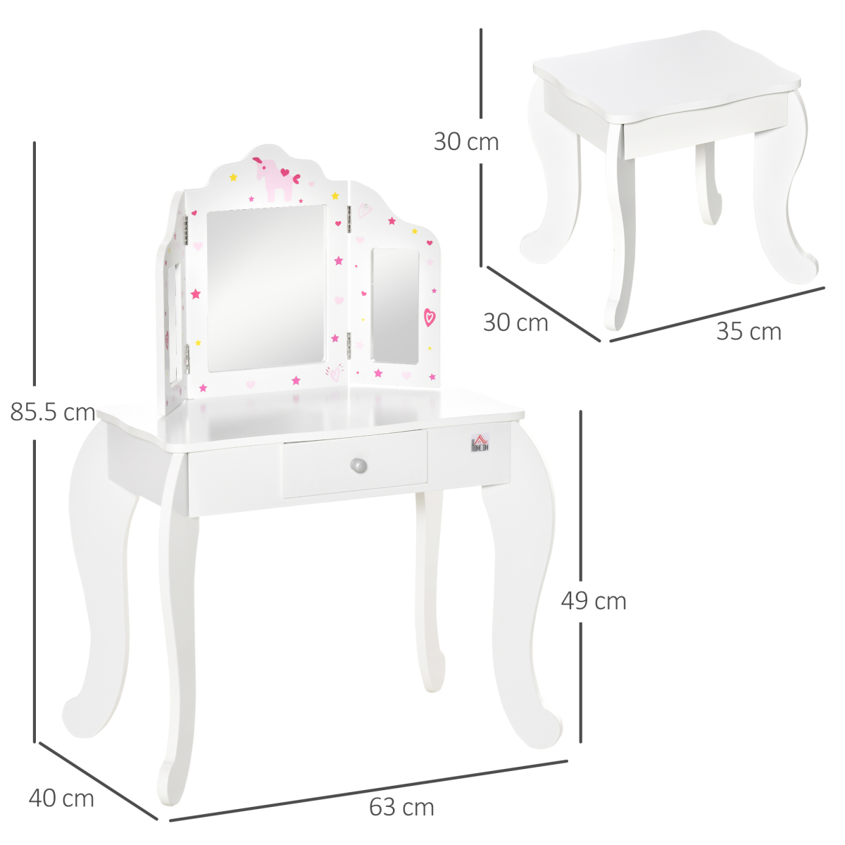 Kids Vanity Table & Stool Girls Dressing Set w/ Rotatable Mirror Drawer HOMCOM
