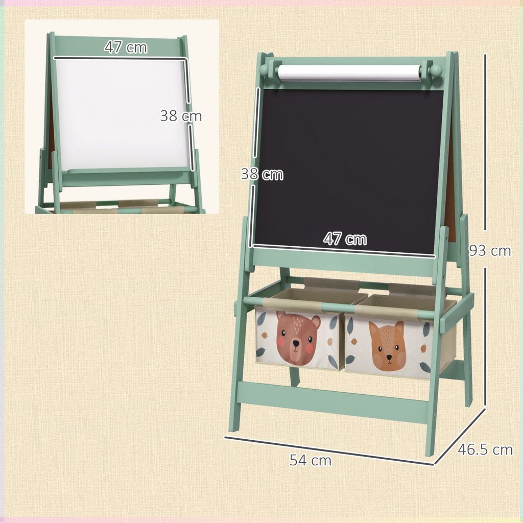 AIYAPLAY Kids Easel with Paper Roll, Blackboard, Whiteboard, Storage, Green