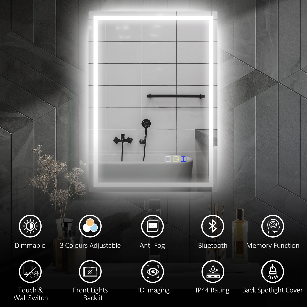 HOMCOM 500 x 700 mm Bathroom Mirror with Bluetooth Lights Demister Pad