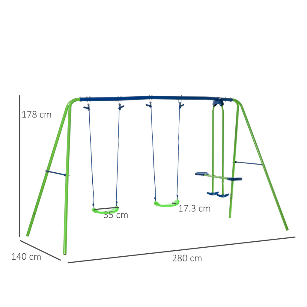 Metal 2 Swings & Seesaw Set Height Adjustable Outdoor Play Set, Green Outsunny