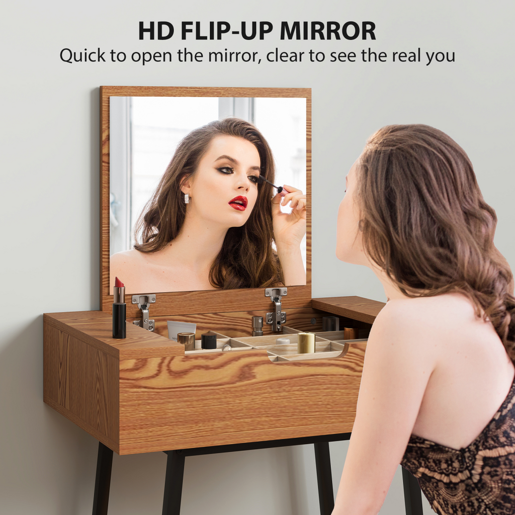 HOMCOM Industrial Vanity Desk with Mirror and Steel Legs Natural Wood Effect