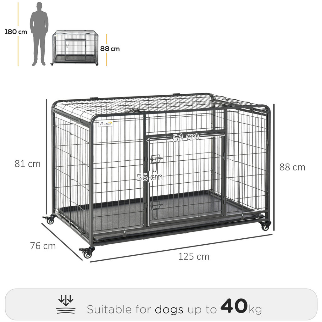 81x125cm Metal Dog Cage Kennel Locking Door & Wheels Extra Large Pets Pawhut
