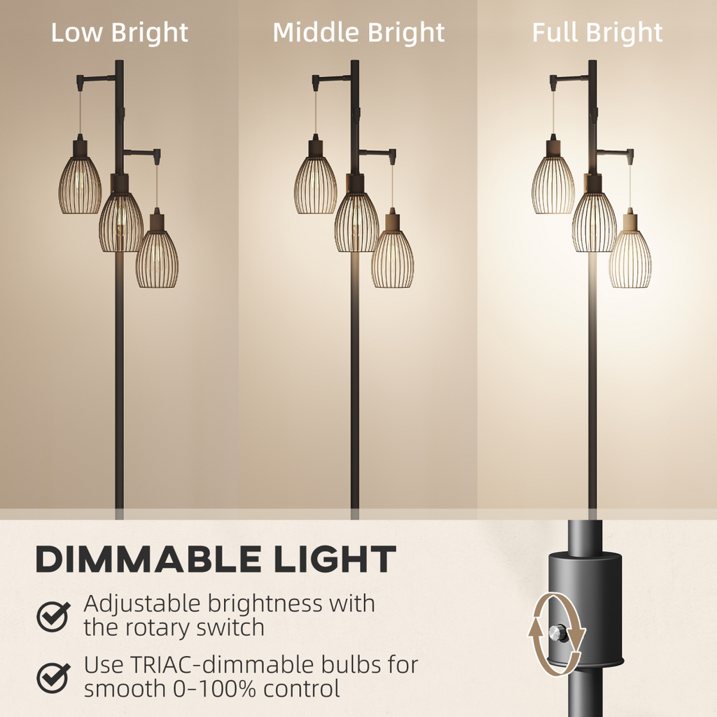 HOMCOM Industrial 3-Light Floor Lamp Dimmable LED Standing Lamp, Black