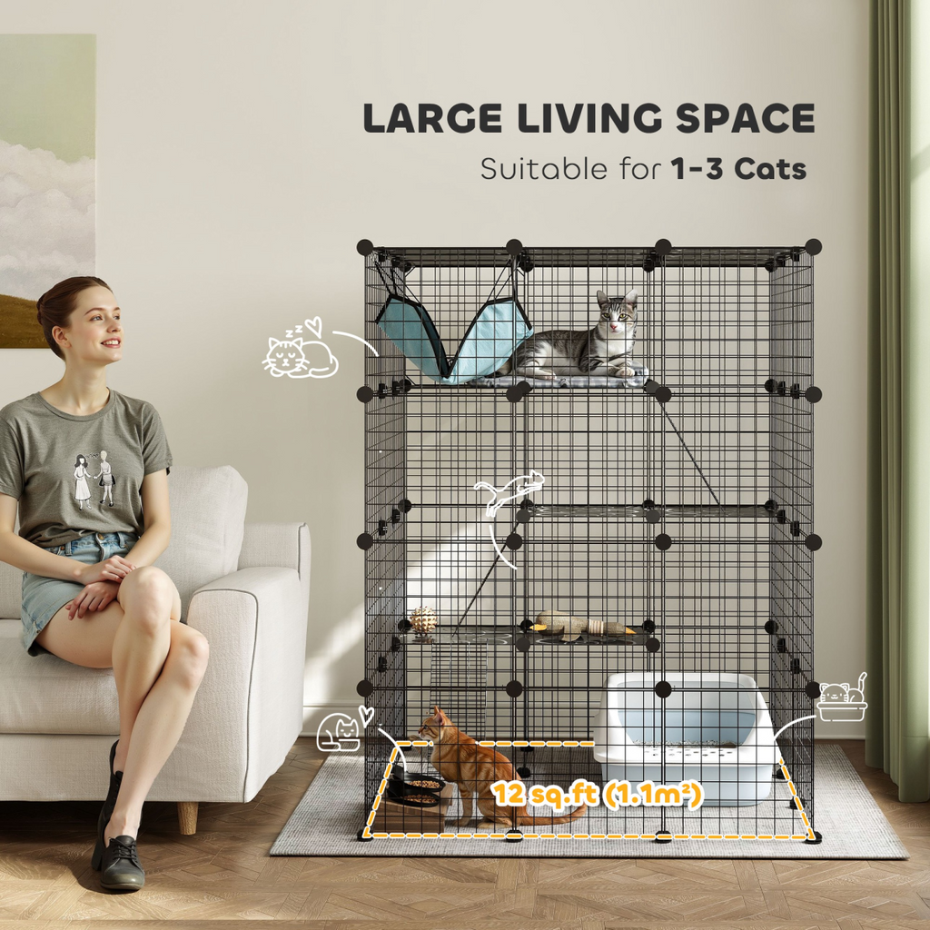 PawHut DIY 4 Tier Cat Cage Indoor with Hammock, Ramps, Doors, for 1-3 Cats