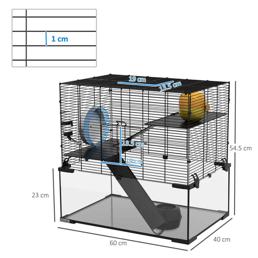 3 Tiers Hamster Cage w/ Deep Glass Bottom, Dish, Hut, 60 x 40 x 57cm