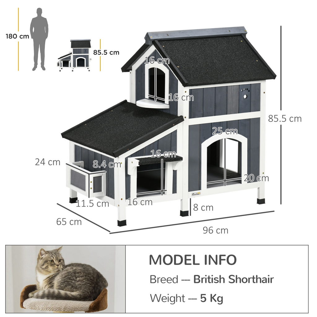 PawHut – Wooden – Cat – House – Outdoor with Flower Pot, – Window, Multiple – Entrances