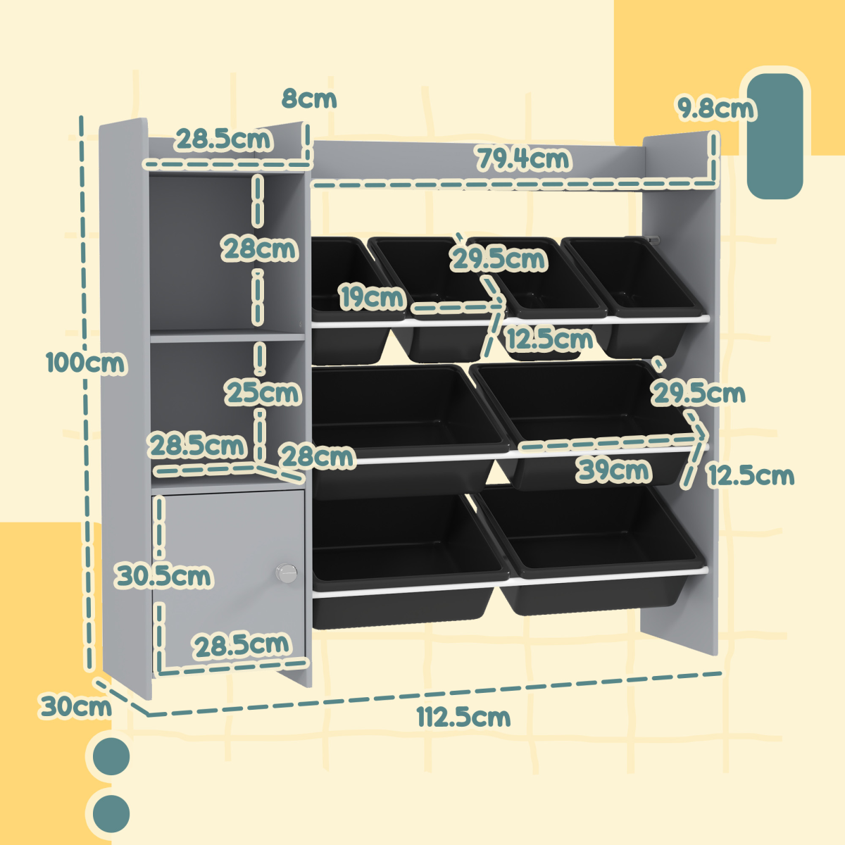 AIYAPLAY Toy Storage Unit with 8 Removable Bins, Storage Shelves, Cabinet