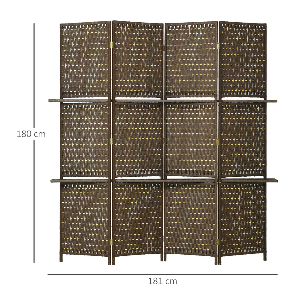 4-Panel Folding Wall Divider Room with Shelves, Privacy Screen Panels, Brown