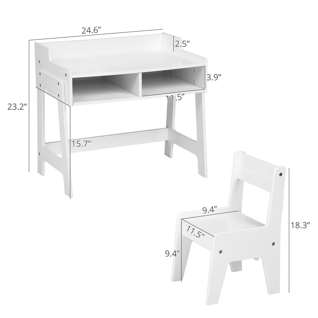 White Kids Study Desk and Chair Set with Storage, MDF, 60.5*41.5*50cm