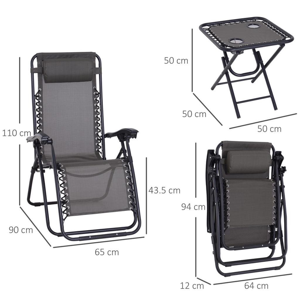 3PC Zero Gravity Chairs Sun Lounger Table Set Cup Holders Dark Grey Outsunny