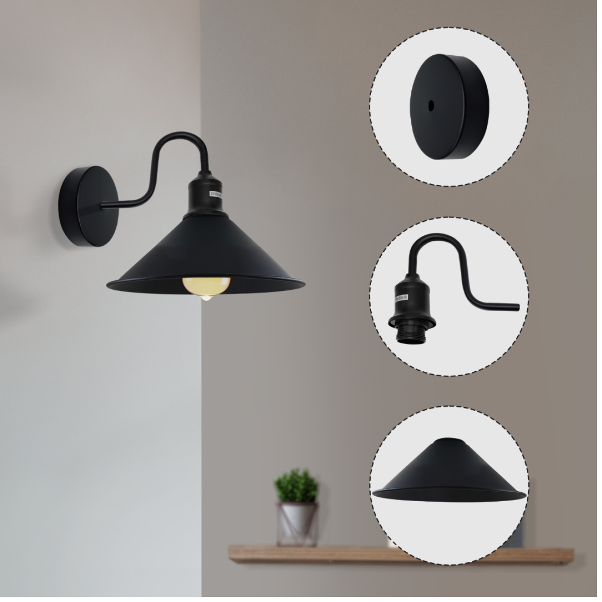 Black Vintage Industrial E27 Wall Sconce with Swan Neck Wall Light ~2484