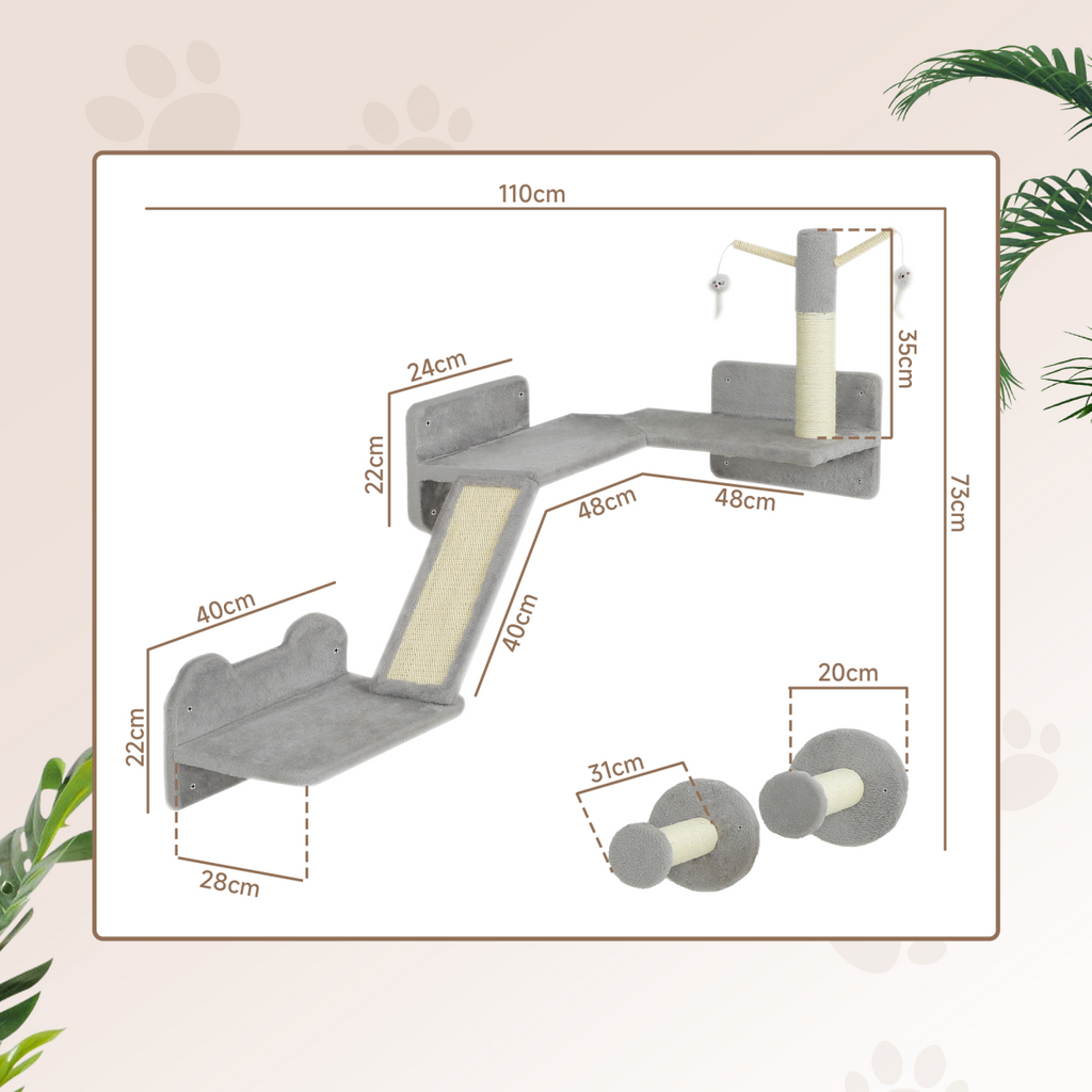 PawHut 3PCs Corner Design Cat Wall Shelves Furniture, Light Grey
