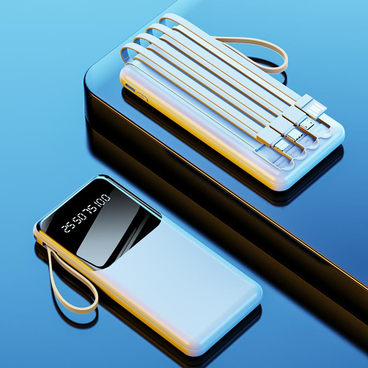 WYEFLUX 10000mAh Portable Power Bank with Built-In Cables and LED Lights - Black