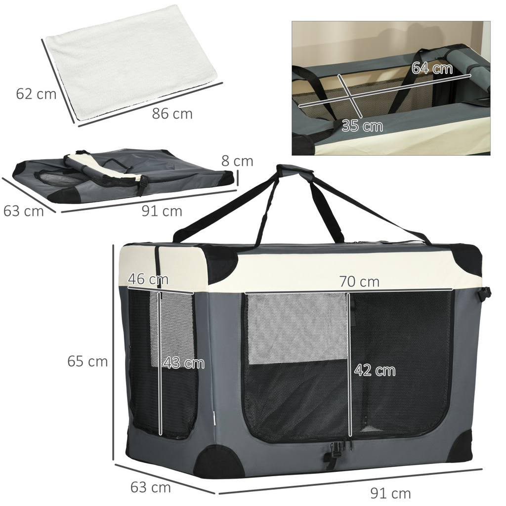 91cm Foldable Pet Carrier w/ Cushion, for Large Dogs and Cats - Grey Pawhut