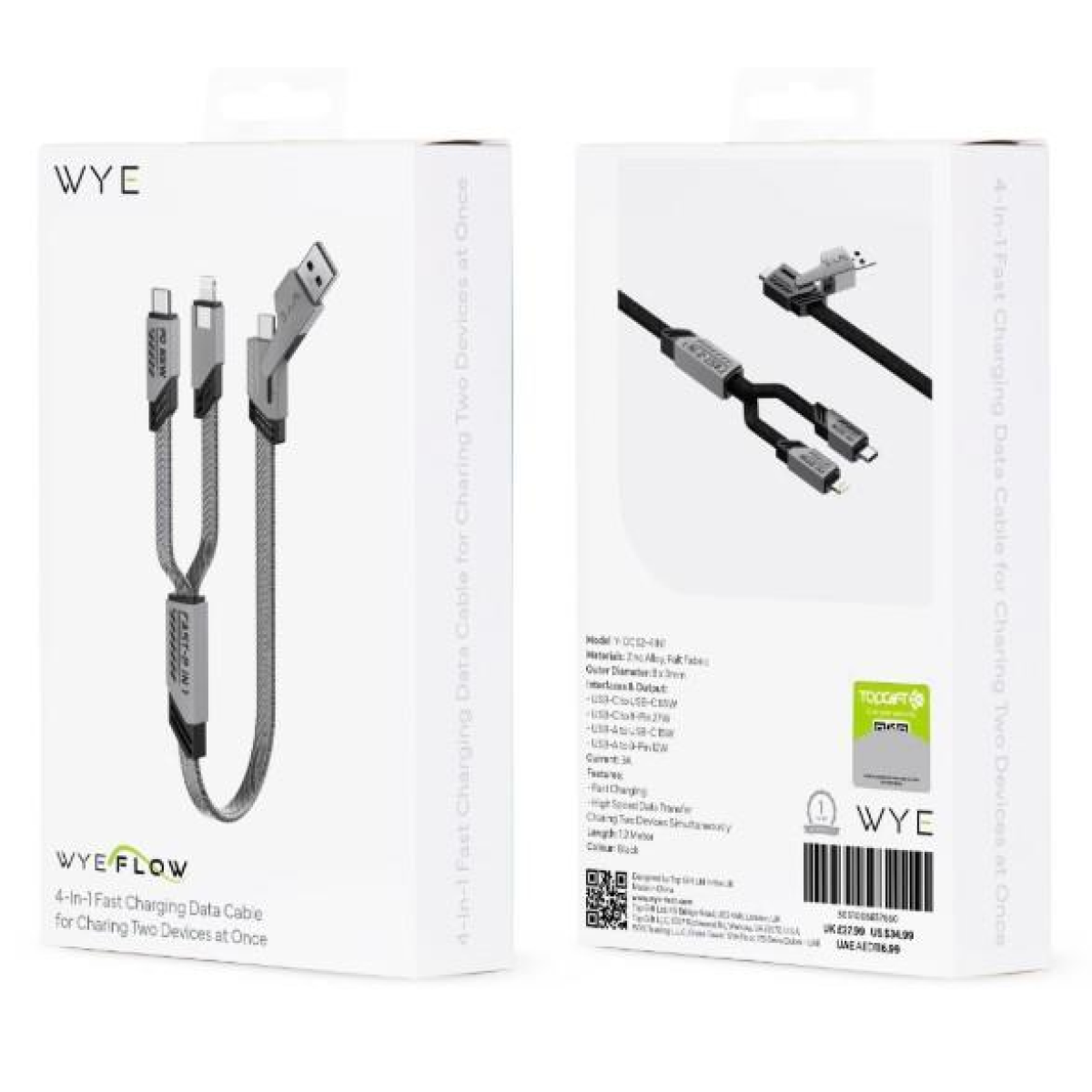 WYEFLOW 4-In-1 Fast Charging Data Cable for Charging Two Devices at Once