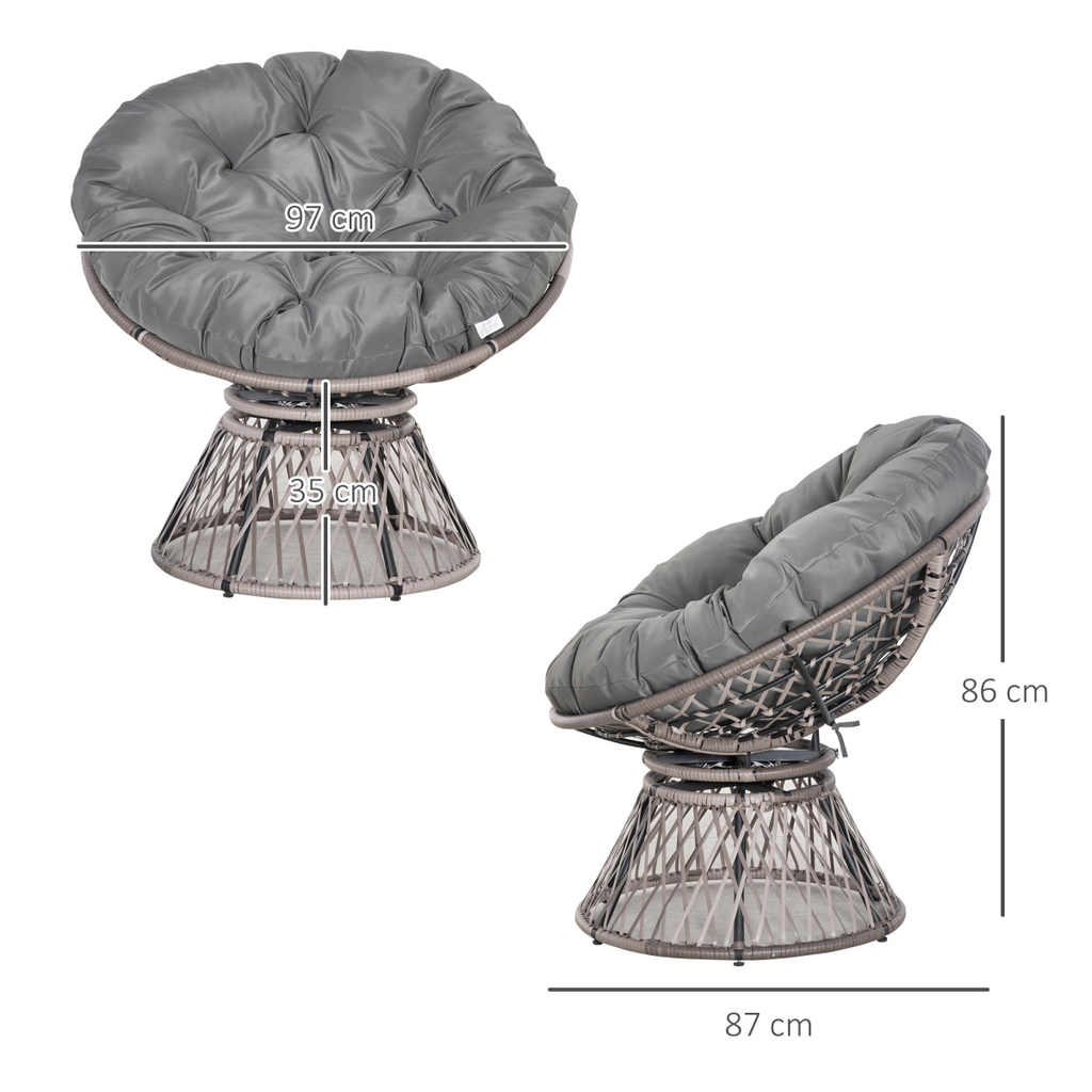 360??Swivel Rattan Papasan Moon Bowl Chair Round Outdoor Padded-Grey Outsunny