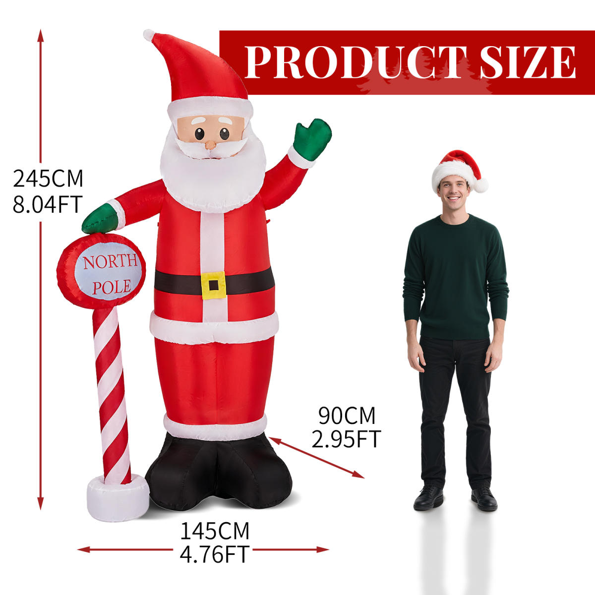 2.45M Lighted Christmas Inflatable Decoration, Inflatable Santa with North Pole Road Sign, Funny Blow Up Yard Decorations with Built-in LED Lights for Holiday Party Front Yard Lawn Garden Decor