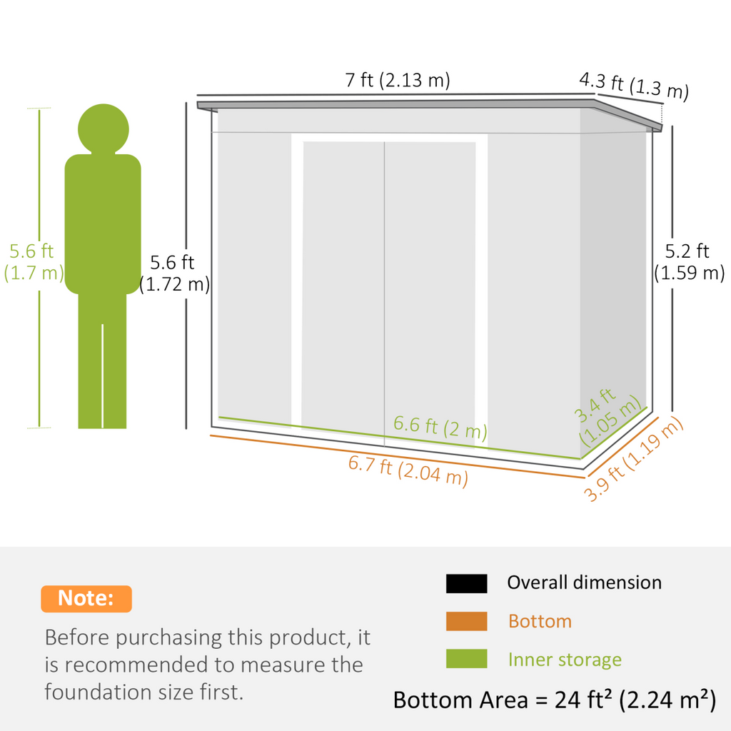 Outsunny 7 x 4ft Metal Garden Storage Shed w/ Double Door Dark Grey