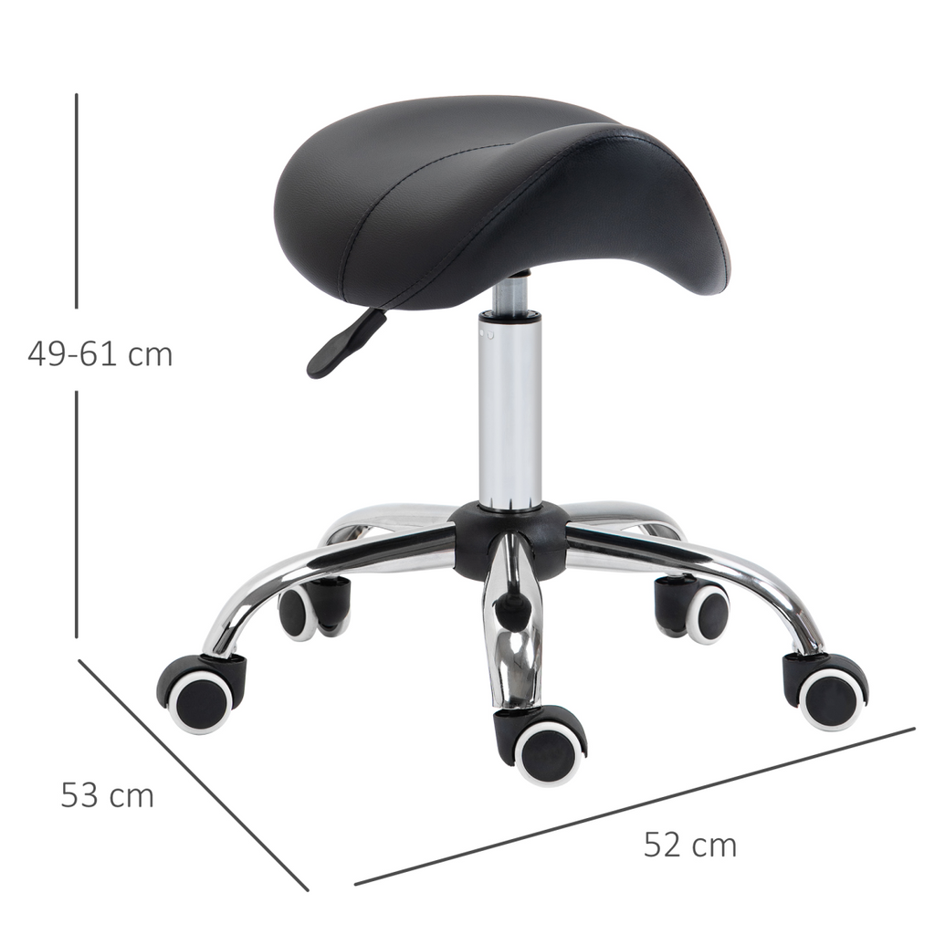 PU Leather Saddle Stool with Moulded Padded Seat Adjustable Height 5 Wheels Black