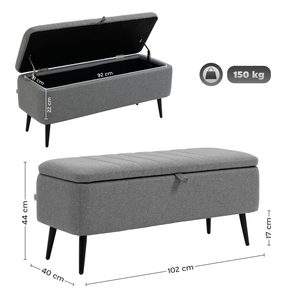 Storage Ottoman Bench, Linen Fabric Footstool with Steel Legs Grey