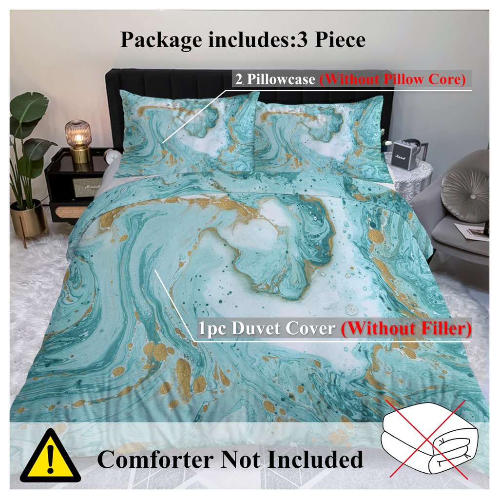 Chic Girly Marble Duvet Cover Mint Gold Glitter Turquoise Bedding Comforter Set Abstract Aqua Teel Blue Duvet Cover(Double)