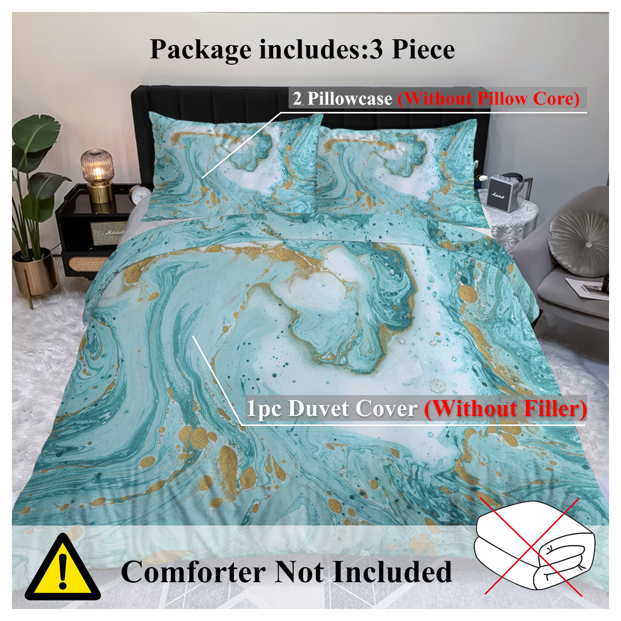 Chic Girly Marble Duvet Cover Mint Gold Glitter Turquoise Bedding Comforter Set Abstract Aqua Teel Blue Duvet Cover(Double)