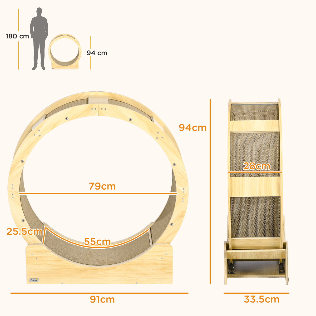 PawHut Cat Wheel with Brake, Scratching Pads for Health, Oak