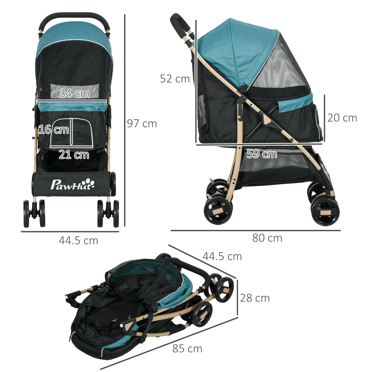PawHut Pet Stroller for XS and S Dogs with Rain Cover - Dark Green