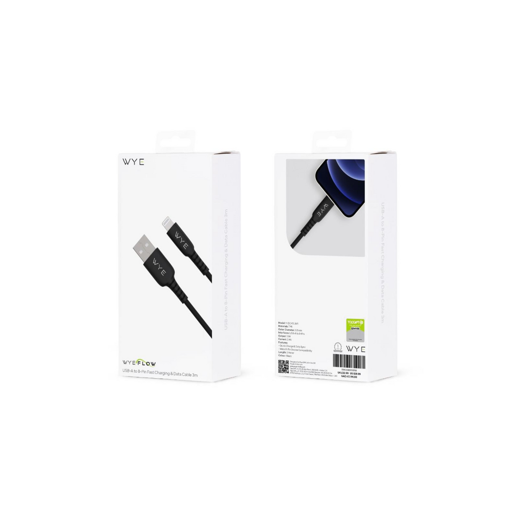 WYE USB-A to 8-Pin Fast Charging & Data Cable 3m - Black
