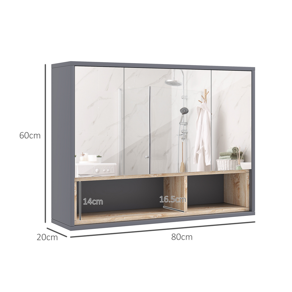 HOMCOM Bathroom Cabinet Wall Mounted Mirror Storage with Shelves Grey