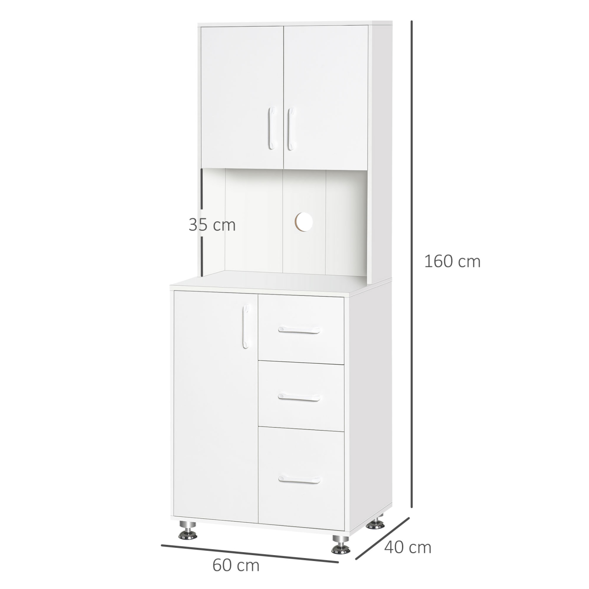 Kitchen Buffet Storage,2 Cabinets, 3 Drawers , 60x40x150cm, White