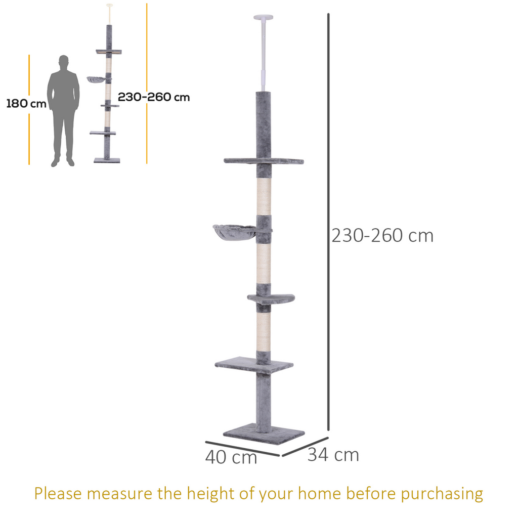 Cat Tree Scratching 5-Tier Kitty Tower  Floor to Ceiling  Adjustable Pawhut