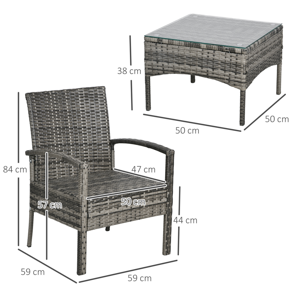 Outsunny 3PC Garden Rattan Bistro Set Balcony Dining Table Chair Mixed Grey