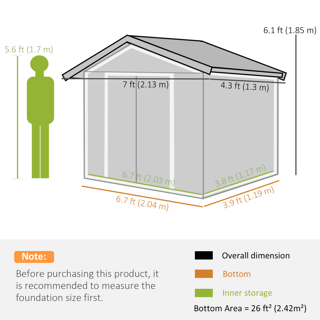 Lockable Garden Shed Large Patio Roofed Foundation 7ft x 4ft,Grey Vent