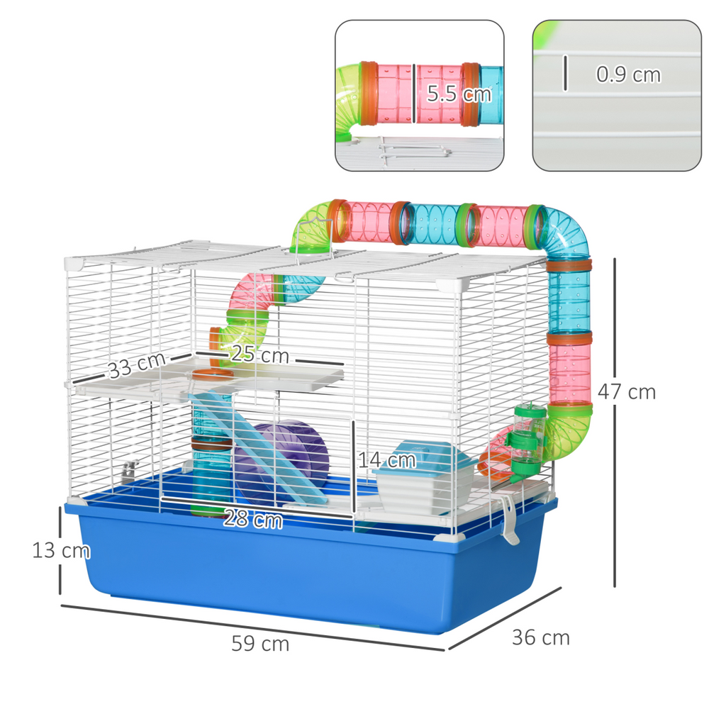 Hamster Cage Rodents House w/ Tubes Exercise Wheel, Water Bottle -  Blue