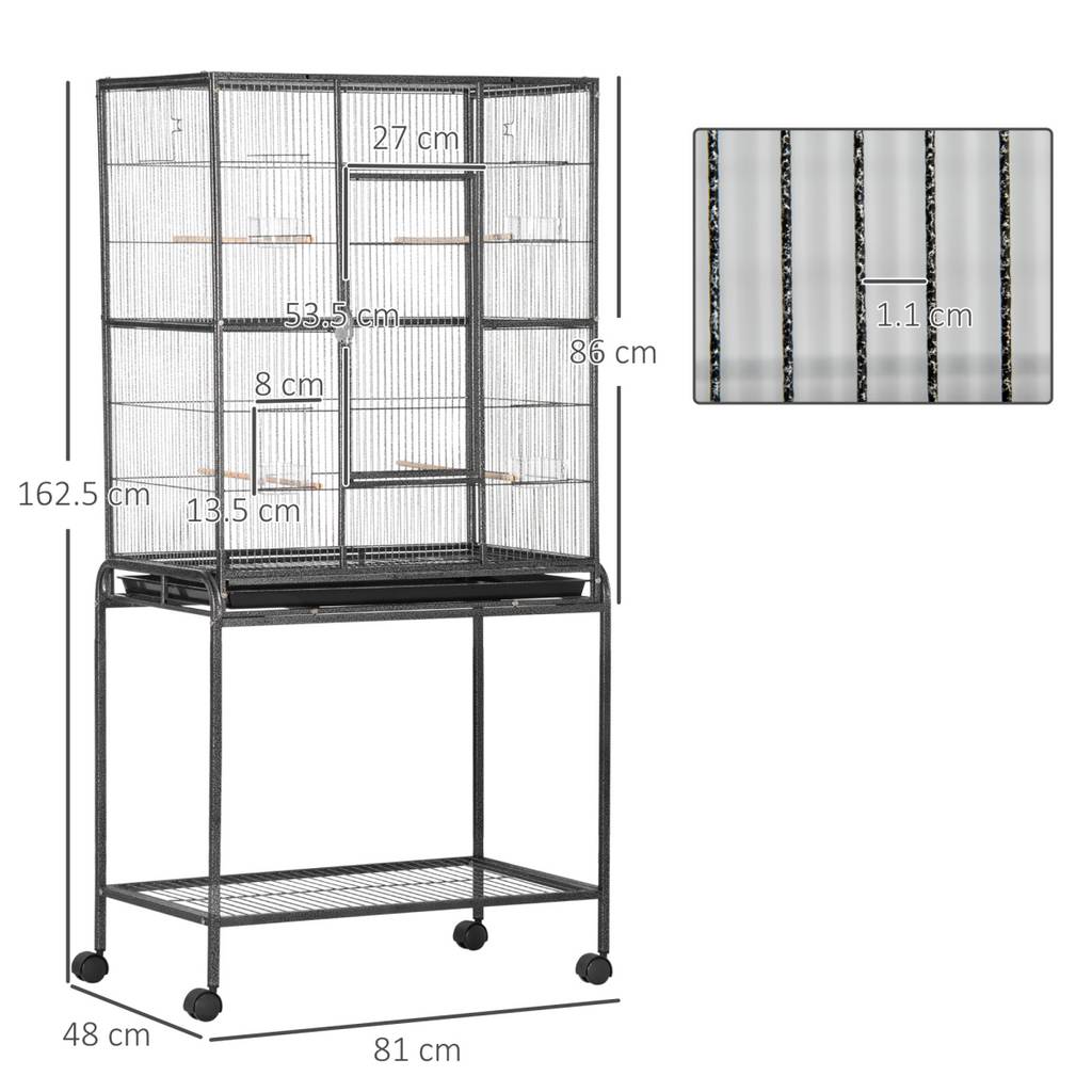 Rolling Bird Cage w/ Detachable Stand, Storage Shelf, Wood Perch, Food Container