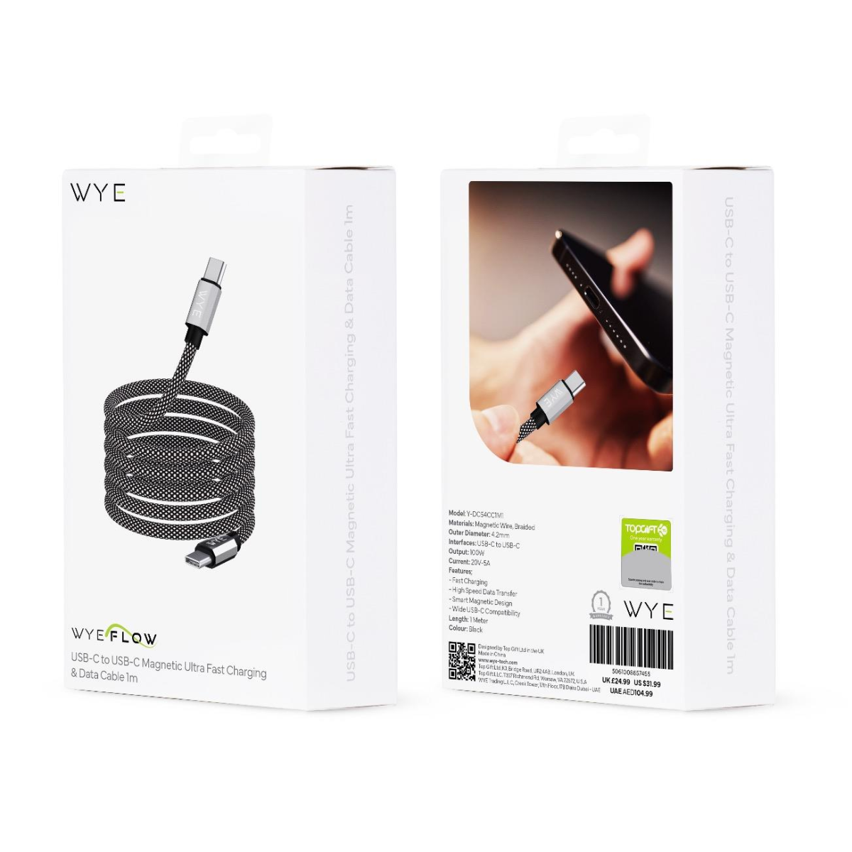 WYEFLOW USB to USB-C Magnetic 60W Ultra Fast Charging & Data Cable 1m