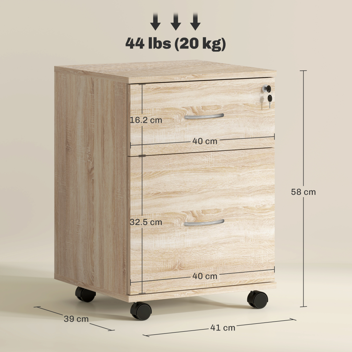 HOMCOM Pedestal Office Mobile Filing Cabinet 2 Drawer Wooden Storage Oak