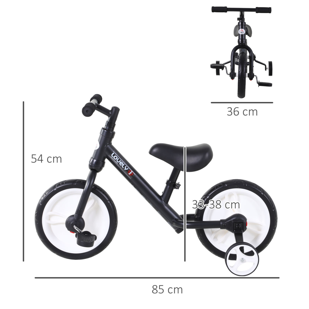 Kids Balance Training Bike Toy with Stabilizers For Child 2-5 Years Black