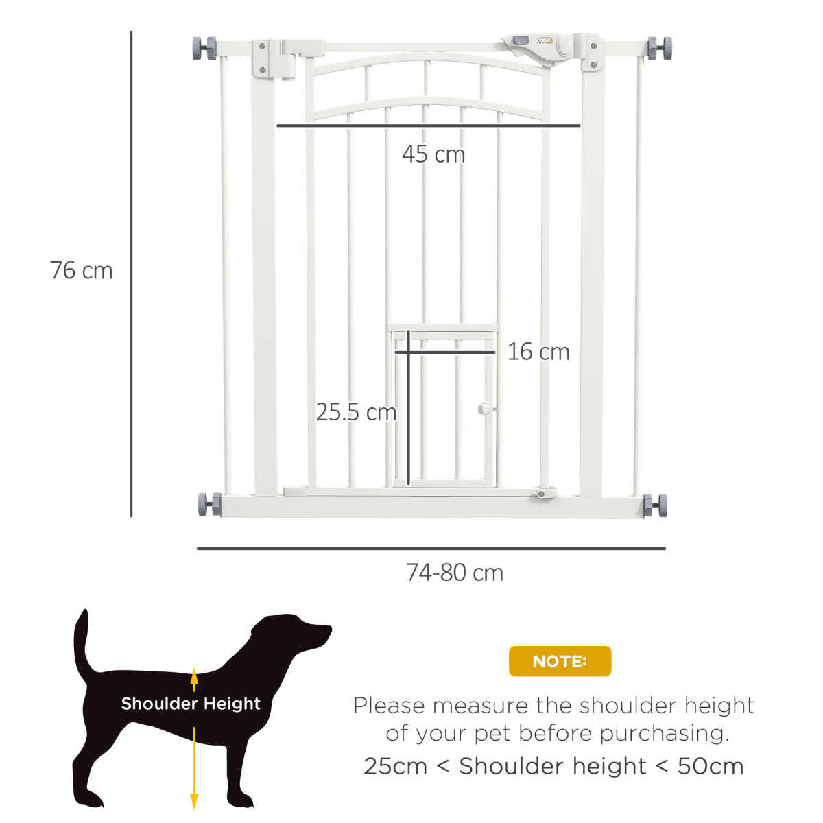 PawHut Pressure Fit, Safety Gate Dog Gate w/ Small Cat Door Opening, 74-80cm
