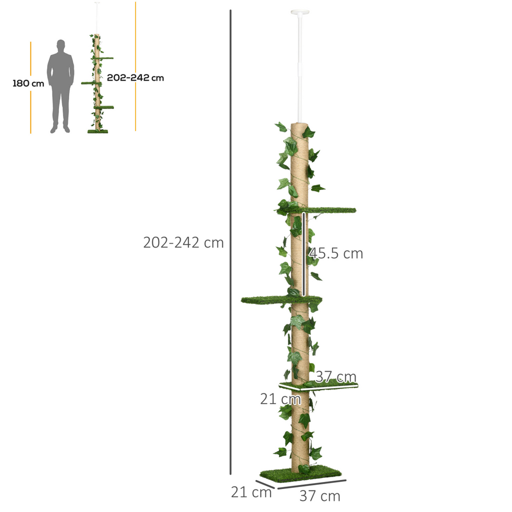 242cm Adjustable Floor-To-Ceiling Cat Tree w/ Anti-Slip Kit - Green