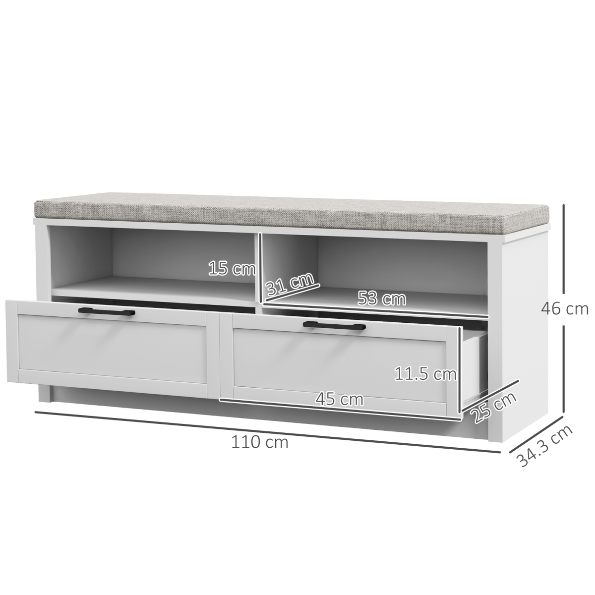 HOMCOM Shoe Bench with Removable Cushion, Open Compartments and Drawers