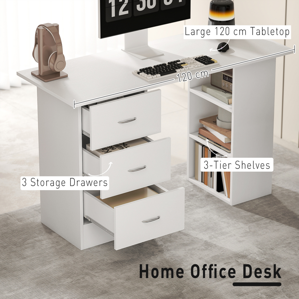 HOMCOM 120cm Computer Desk PC Table Workstation w/ 3 Shelf & Drawers White