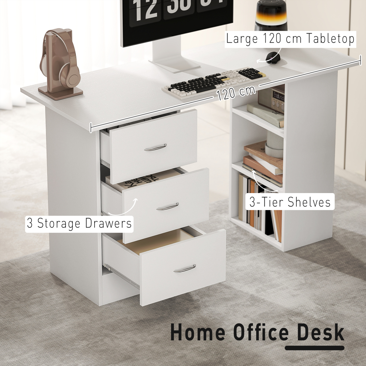 HOMCOM 120cm Computer Desk PC Table Workstation w/ 3 Shelf & Drawers White