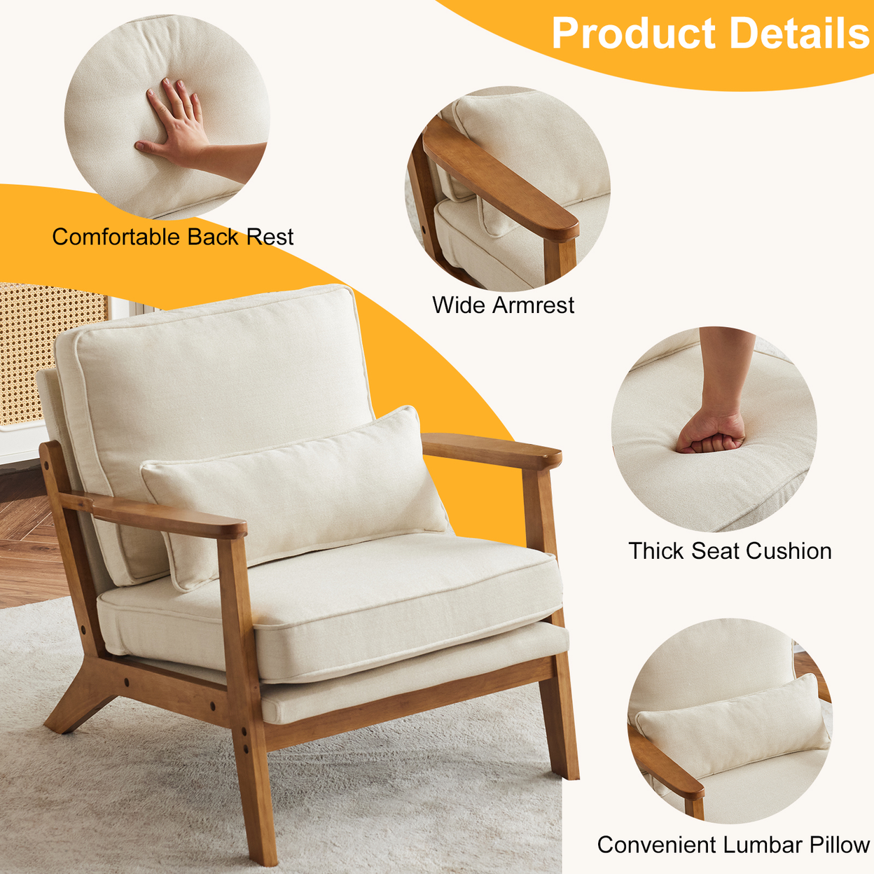 Oak Armrest Oak Upholstered Single Lounge Chair Indoor Lounge Chair Off-White