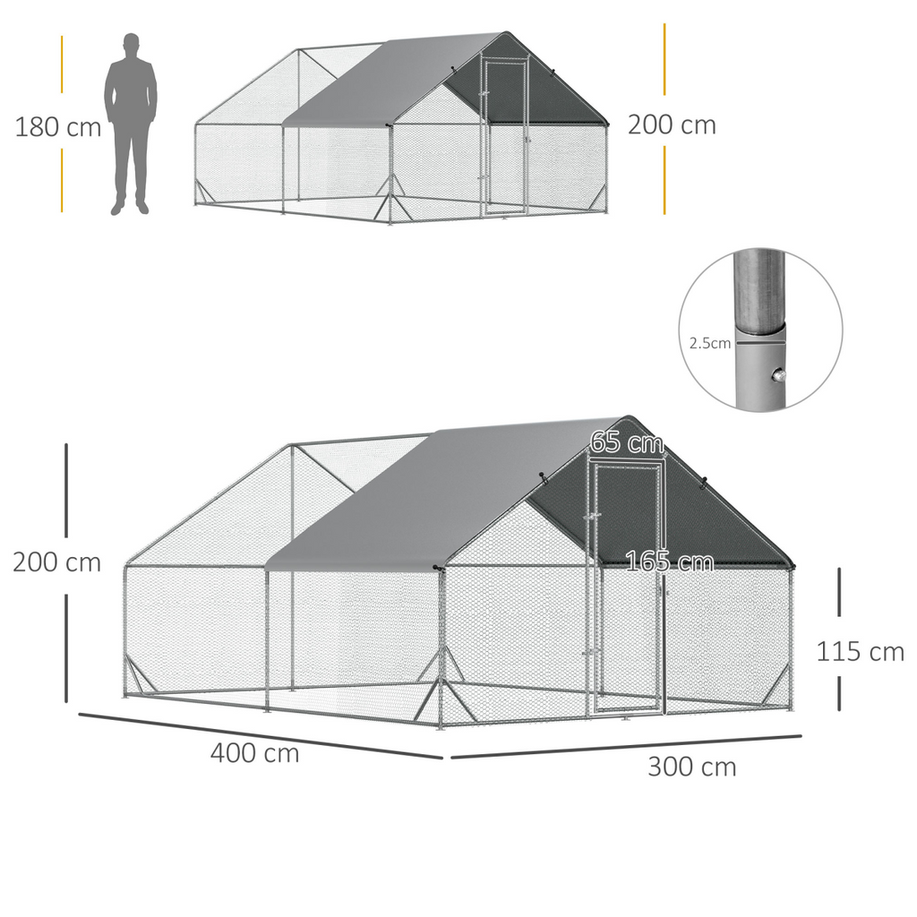 Walk In Chicken Run Large Galvanized Chicken Coop w/ Cover 3 x 4 x 2m Pawhut