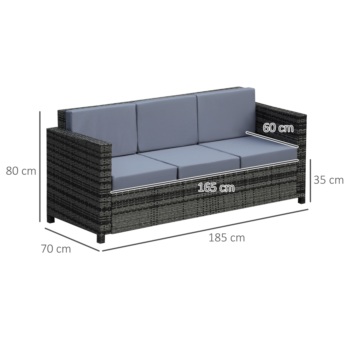 3-Seater Weather Resistant Outdoor Garden Rattan Sofa Grey