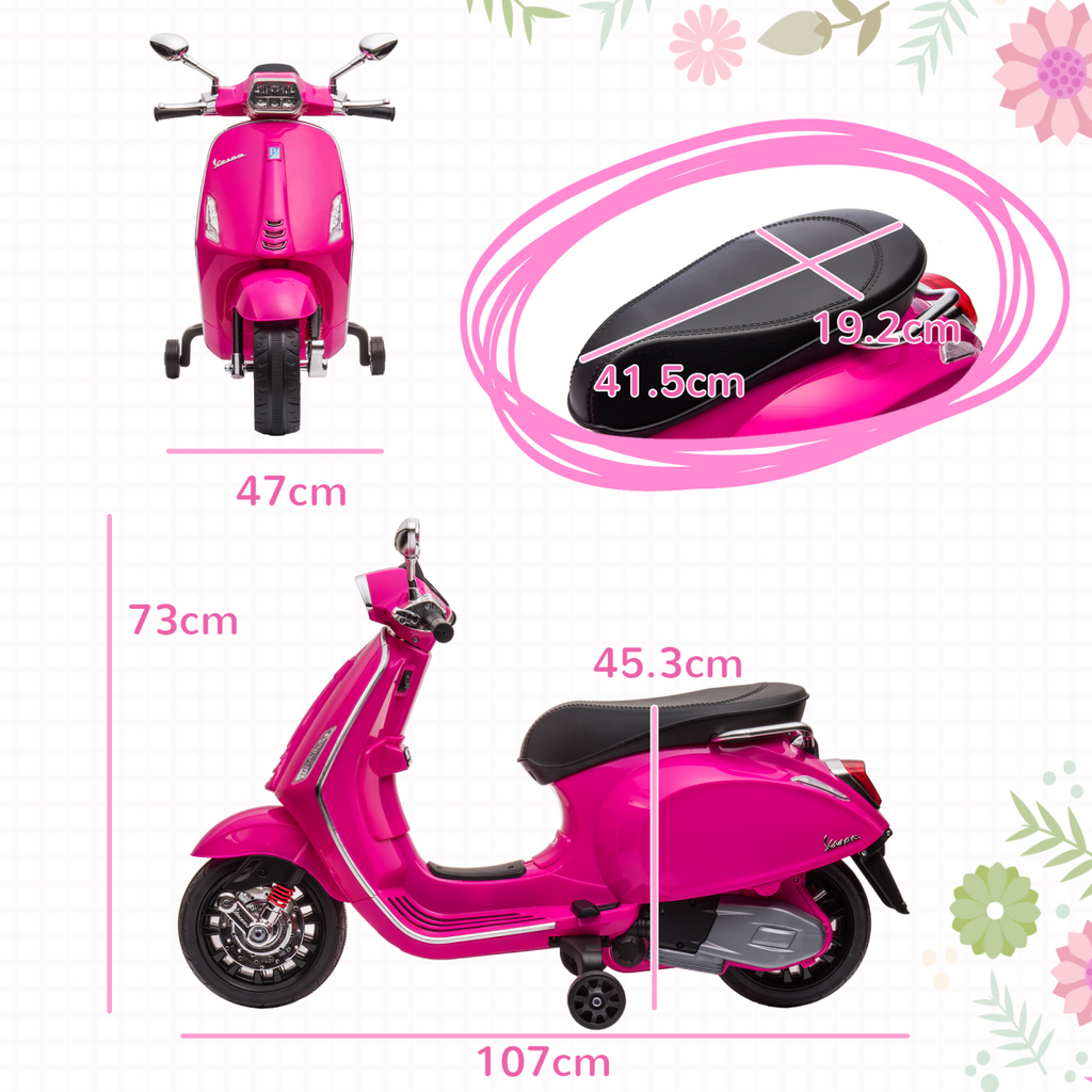 AIYAPLAY Vespa Licensed 12V Kids Electric Motorbike with 2 Training Wheels - Pink