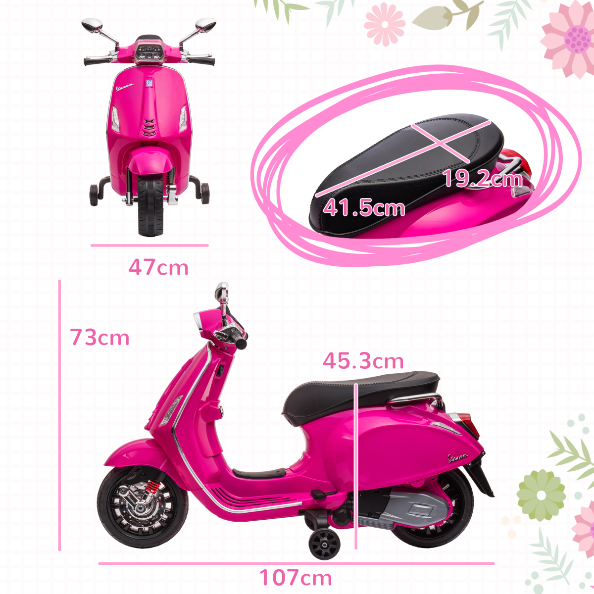 AIYAPLAY Vespa Licensed 12V Kids Electric Motorbike with 2 Training Wheels - Pink